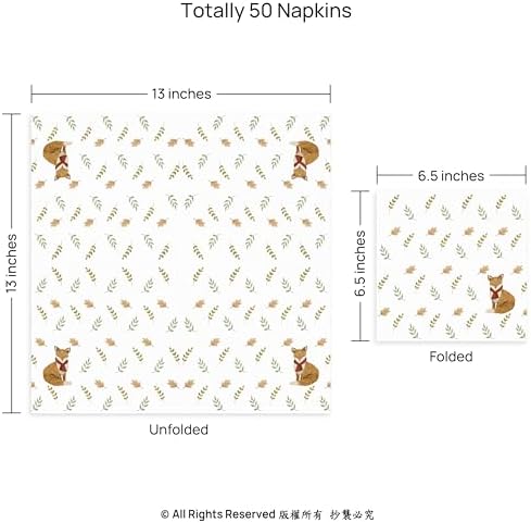 Cheerland 50 Pcs Woodland Baby Shower Fox Napkins for Fall Theme Birthday Party Decorations, Autumn Forest Fox Cocktail Napkin Luncheon for Kids Wilderness Themed Party Thanksgiving Dinner Supplies