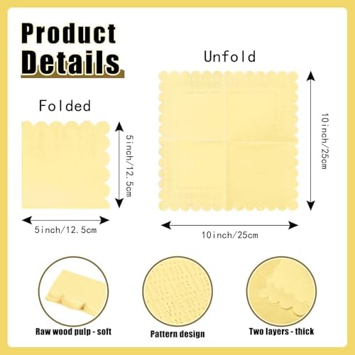 100 Pieces 2-Ply Yellow Scalloped Napkins Folded 5 x 5 inch Disposable Cocktail Napkins Paper Napkins for Dinner Wedding Birthday Party Yellow Beverage Napkins