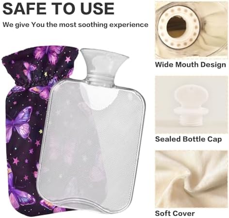Hot Water Bottle with Cover, 2L Cute Hot Water Bags for Neck, Shoulders and Legs Pain Relief, Menstrual Cramps, Hot and Cold Compress, Purple Butterflies and Stars