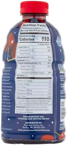 Antioxidant Solutions Sleep Dreams - 100% Tart Cherry Juice with Zinc & Magnesium - No Added Sugar - 32 fl oz Bottles (6-Pack)