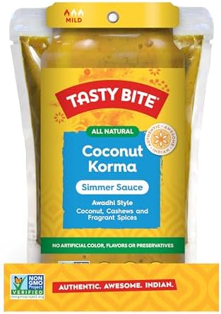 Tasty Bite Awadhi Style Coconut Korma Simmer Sauce, 7-Ounce 5-Pack, 3-4 Servings Per Pouch, Coconut, Cashews, Vegan