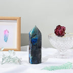 Runyangshi Large Labradorite Healing Crystal Wand 4.72"-5.12" Crystal Tower 6 Faceted Single Point Crystal Prism Wand Natural Quartz Stones for Meditation Reiki Chakra Therapy Home Decor Gift
