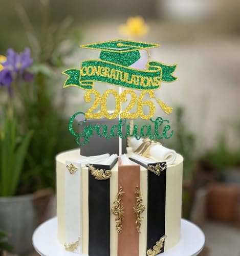 Congratulations 2026 Graduate Cake Topper, Congrats Grad - Class of 2026 Graduation Party Decorations, Boys Girls Graduation Decorations Supplies Green & Gold Glitter