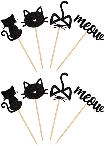 24 Pack Cat and Meow Cupcake Toppers Black Glitter Kitten Cat Cupcake Food Picks Cat Lover Kitten Theme Baby Shower Kids Birthday Wedding Party Cake Decorations Supplies