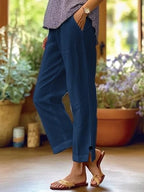 Womens Straight Leg Pants with Pockets Elastic Waist Solid Color Summer Pants for Women Loose Casual Work Pant Lounge Trousers 2025 Blue S