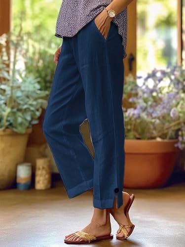 Womens Straight Leg Pants with Pockets Elastic Waist Solid Color Summer Pants for Women Loose Casual Work Pant Lounge Trousers 2025 Blue S