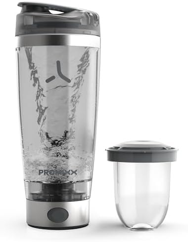 Promixx Pro Electric Protein Shaker Bottle – USB Rechargeable, 20oz BPA-Free Steel Cup with Patented X-Blade – Smooth Shakes, Leak-proof, Portable Shaker for Protein Powder & Supplements-Silver/Gray