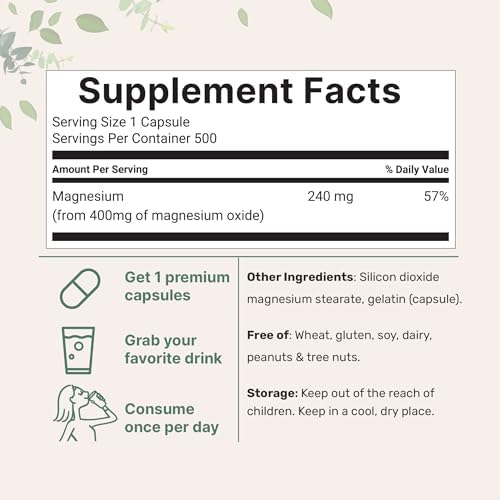 Magnesium Oxide 400mg, 500 Capsules | Elemental Form for Max Concentration | Supports Calm, Muscle & Nerve Health | Non-GMO