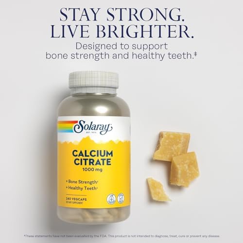 Solaray Calcium Citrate 1000mg - Chelated Calcium Supplement - Supports Bone Strength and Healthy Teeth - Easy to Digest - Vegan - 60 Servings, 240 VegCaps