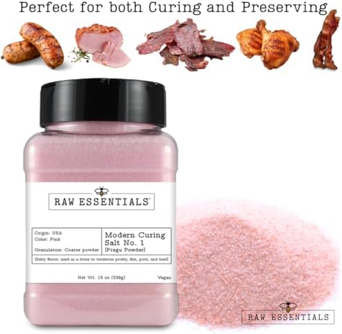 Raw Essentials Modern Curing Salt No. 1 – 6.25% Sodium Nitrite for Curing Bacon, Sausage, Jerky, Ham, and Corned Beef – Great for Brining & Pickling – Vegan – 19 Ounce Bottle