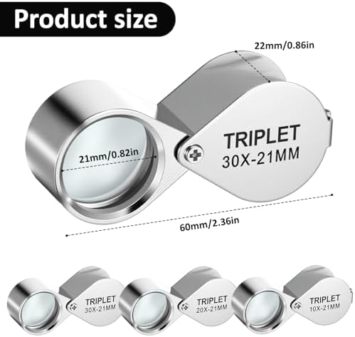 10X, 20X and 30X Jewelry Loop Magnifier Foldable Hand Lens Pocket Magnifying Glass Eye Loops Magnifier Jewelers Loupe for Detecting Coin Diamonds Gems Jewelry Stamps Antiques