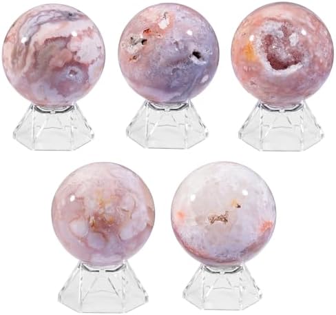 Sportmusies Natural Cherry Blossom Agate Stone Sphere with Acrylic Stand, Polished Crystal Ball Decoration for Home & Office, 1.97-2.36 inches