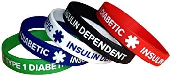 Type 1 Diabetes Silicone Medical Alert Bracelets – 5 Pack, Insulin Dependent Diabetic Wristbands for Adults - 7.8 inches – Waterproof, Unisex Design for Men & Women