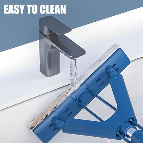 Sponge Mop Absorbent Roller Foam Mop with 50.39inch Extendable Handle and 2 Sponge Heads Self Wringing Mop Adjustable Cleaning Wet Mop for Hardwood Tile Kitchen Bathroom US(Blue 2 Glue Cotton Head)