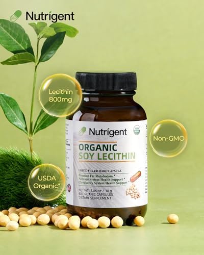 USDA Organic Soy Lecithin Supplement 800 mg, High Absorption Liquid Organic Capsules, Choline Lecithin Supplement for Brain & Liver Health Support, Non-GMO, Gluten Free, 60 Count