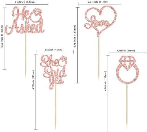 Gyufise 24Pcs Rose Gold He Asked She Said Yes Cupcake Toppers Diamond Ring Heart Cake Picks for Wedding Engagement Party Cake Decorations