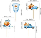 Ercadio 36Pcs Pumpkin Truck Cupcake Toppers Blue Fall Harvest Pumpkin Truck Cupcake Picks for Fall Harvest Theme Thanksgiving Party Birthday Decorations Supplies