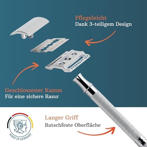 MERKUR 2381 Shaving Set with Stand Glossy Chrome | Three-Piece Razor with Straight Cut | Ideal for Wet Shaving | Die-Cast Zinc | Brass Handle | Made in Germany