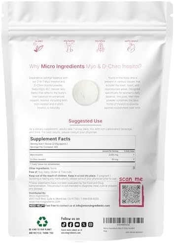 Micro Ingredients Myo-Inositol & D-Chiro Inositol Powder, 2lb (442 Servings) | 40:1 Ideal Ratio Inositol Supplement for Women | Supports Hormonal Balance & Ovarian Health | Non-GMO, Vegan, Filler-Free