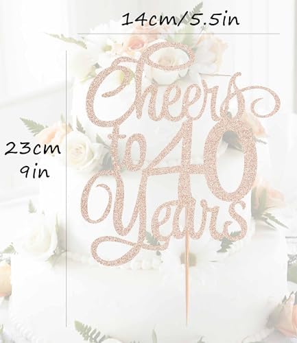 Cheers to 40 Years Cake Topper - Rose Gold Glitter 40th Birthday Cake Decorating Supplies, Perfect for 40th Anniversary or Forty Birthday Party, Photo Booth Props