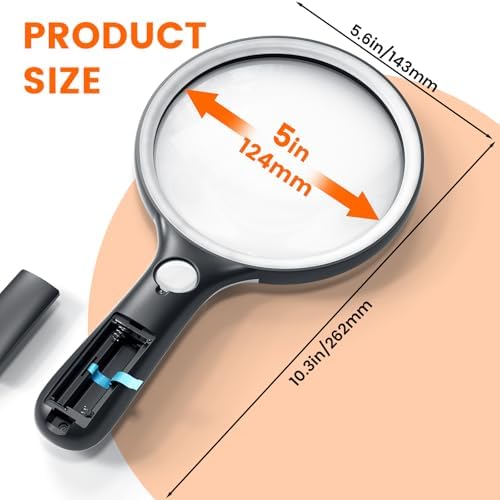 Magnifying Glass with Light Large 5" Lens, Handheld Illuminated Lighted Magnifier 24LED 1UV Light for Seniors, Reading, Coins, Jewelry, Close Work