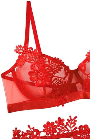 Lilosy Sexy Cute Applique Embroidered Underwire Push Up Garter Belt Chocker Lingerie Set
