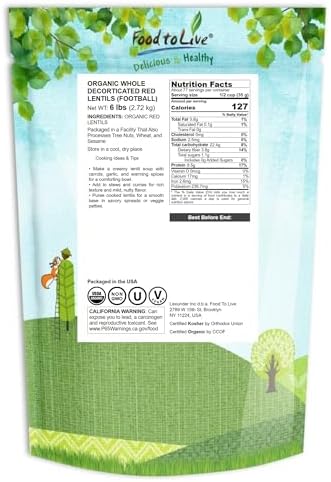 Food to Live Organic Red Lentils (Football), 6 Pounds – Whole Decorticated Red Lentils, Non-GMO, Vegan, Kosher, Bulk, Great for Soups and Curries