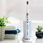 Sonic-FX Solo Electric Toothbrush w/ 10 Brush Heads + 1 Interdental, Charcoal Bristles, Rechargeable, Charging/Storage Base, 3 Brush Modes, Smart Timer, 2 Months Use on Full Charge, White Color