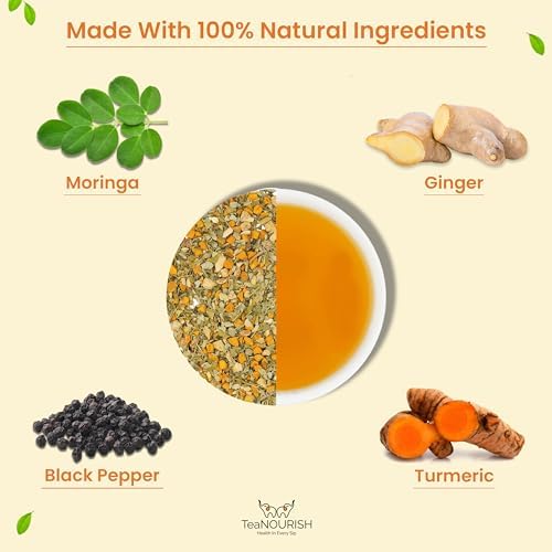 TeaNOURISH Turmeric Moringa Herbal Tea | Blend of Indian Superfoods Turmeric, Moringa, Ginger & Black Pepper | Supports Immunity | 100% NATURAL INGREDIENTS - 3.53oz/100g
