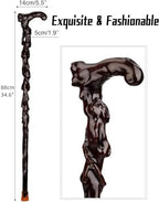 Wood Cane with Supportive Curved Handle, Carving Walking Canes, Handmade Carved Wooden Sticks, Ebony Crutch Stick Gift for Men and Women