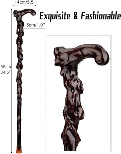 Wood Cane with Supportive Curved Handle, Carving Walking Canes, Handmade Carved Wooden Sticks, Ebony Crutch Stick Gift for Men and Women