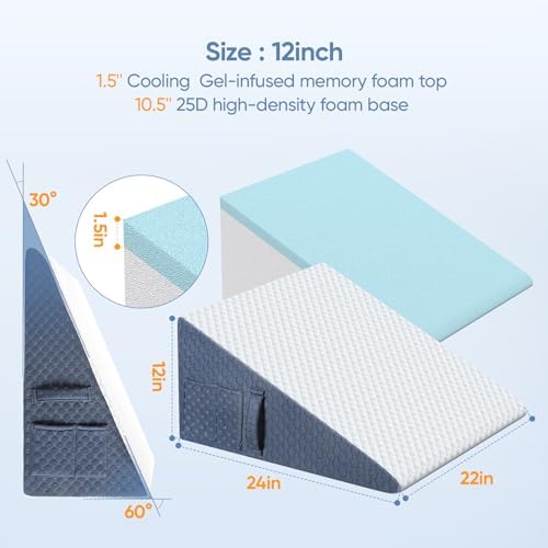 Welzona 12inch Wedge Pillow for Sleep, Updated Bed Wedge, Acid Reflux, Heartburn, GERD, Neck Pain, Cooling Memory Foam Top, Removable Washable Cover Incline Wedge Pillow for Improved Sleep