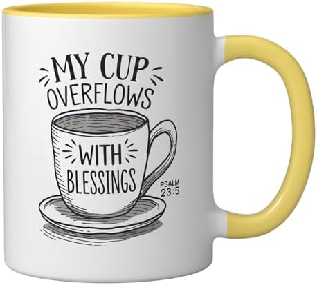 My Cup Overflows With Blessings Psalm 23:5 Ceramic Mug, Yellow/White