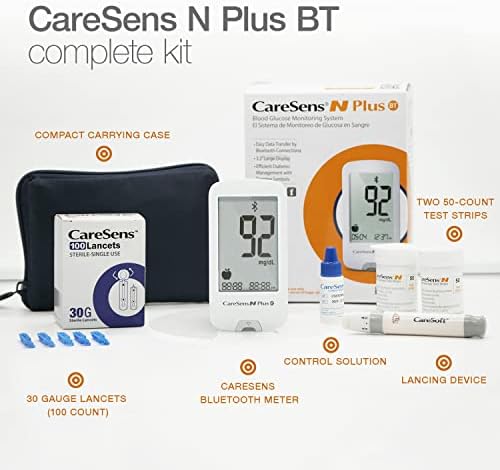 CareSens N Plus Bluetooth Blood Glucose Monitor Kit with 100 Blood Sugar Test Strips, 100 Lancets, 1 Blood Glucose Meter, 1 Lancing Device, Travel Case for Diabetes Testing Kit (Auto-Coding Glucometer kit with 1 Control Solution) for Personal Use