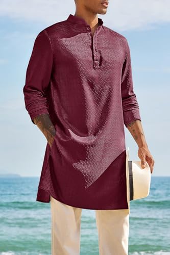 Runcati Mens Kaftan Thobe Textured Henley Shirt Long Sleeve Robe Casual Muslim Gown Shirt