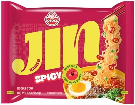 OTTOGI Jin Ramen Spicy, Korean Style Instant Noodle, Best Tasting Soup Traditional Instant Ramen 4.23oz x 8 Pack