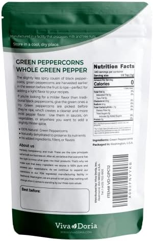 Viva Doria Green Peppercorns, Whole Green Pepper, Steam Sterilized,12 Oz, For Grinder Refills
