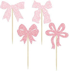Ephlyn 24Pcs Pink Bow Cupcake Toppers Bow Birthday Cake Topper Girls Birthday Party Decorations Bowknot Cupcake Decorations for Bridal Wedding Themed Party Multi