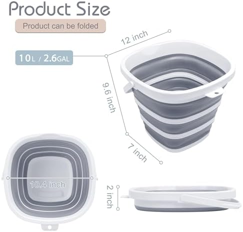Goderewild Collapsible Bucket, 2.6 Gallon (10L) - Square Foldable Mop Bucket for House Cleaning, Car Washing, Camping - Portable Water Pail for Outdoor, RV, Travel (Grey)
