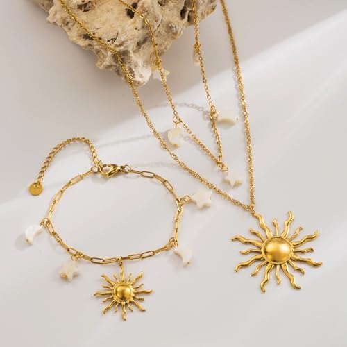 Sun and Moon Star Stainless Steel Bracelets for Women Bohemian Gold Charm Adjustable Paperclip Chain Bracelet for Summer Beach Party Holiday Vacation Jewelry Gift