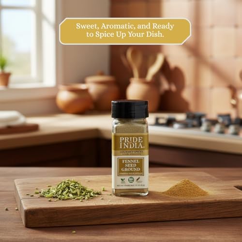 Pride of India – Fennel Seed Ground – Natural & Gourmet Spice – Perfect Addition to Tea/Drinks/Roast/Rubs/Bakes/ - Cooling Properties – Easy to Use – 1.8 oz. Small Dual Sifter Jar