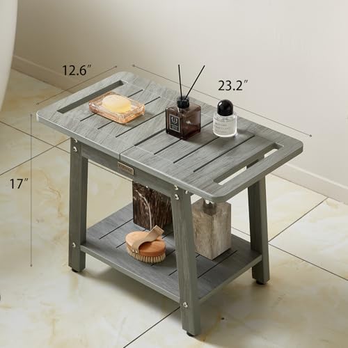 Large Shower Bench, Heavy Duty HDPS Shower Stool for Inside Shower, 2 Tier Shower Chair Seat with Shelf for Bath, Waterproof Shower Foot Rest for Shaving Legs with Adjustable Feet, Gray