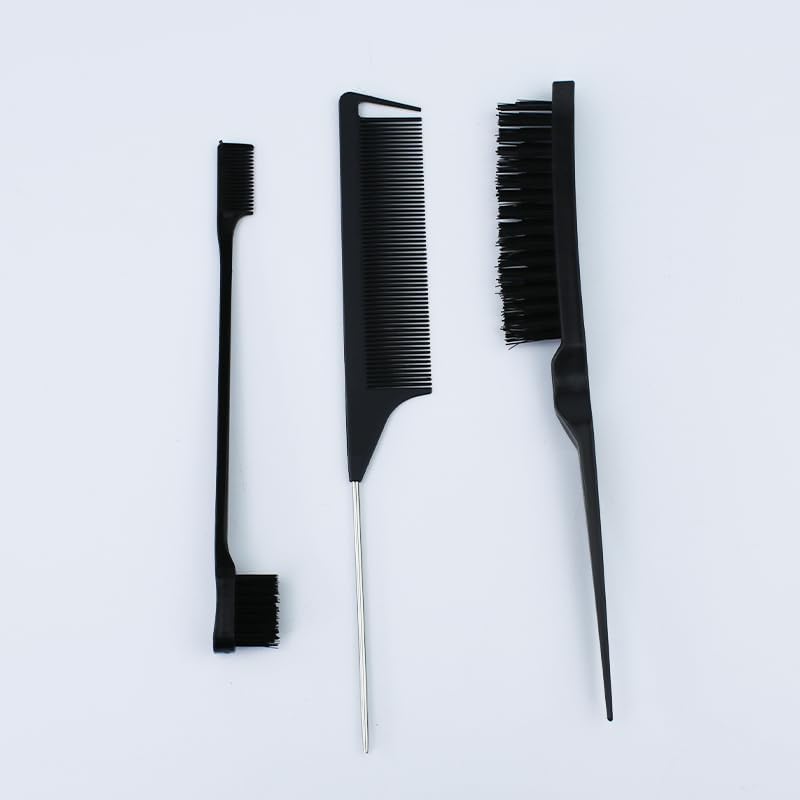 3 Pieces Hair Styling Comb Set Teasing Hair Brush Rat Tail Comb Edge Brush for Brushing, Combing, Slicking Hair for Women(Black)