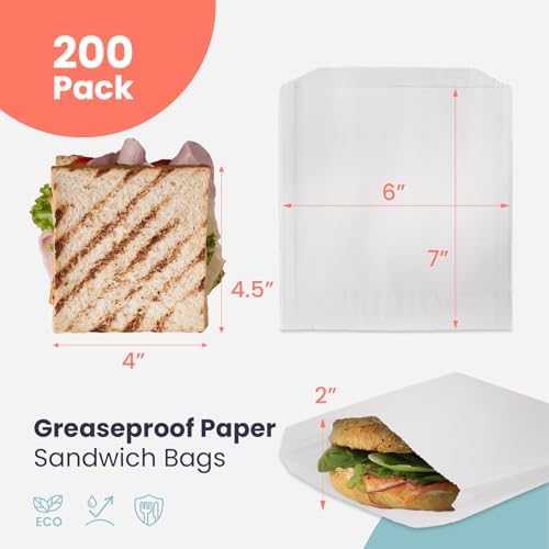 Fit Meal Prep 200 Pack Paper Sandwich Bags 7 x 6”, Greaseproof Snack Bags, Food Grade Pastry Bag, Recyclable Small Paper Bags, Cookie Sleeves, Food Packaging for Bakery, Donuts