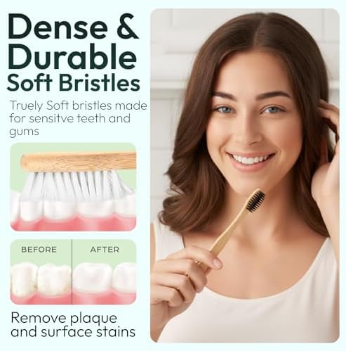 Bamboo Toothbrushes for Adults 10 Pack – Eco Friendly Wooden Toothbrush, Soft BPA Free Bristles, Biodegradable Organic Toothbrush, Plastic Free Natural Toothbrush Bulk