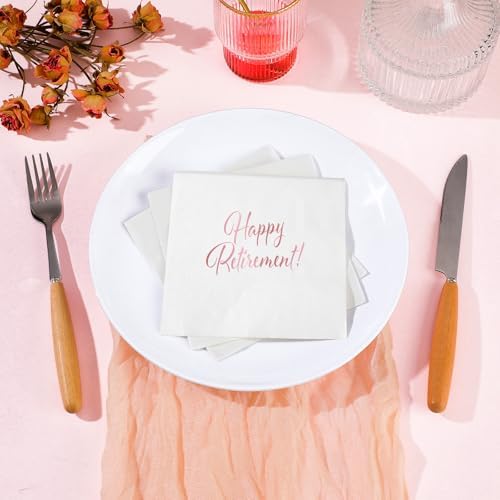 100 Pcs Rose Gold Retirement Napkins Happy Retirement Party Decorations Disposable Rose Gold Napkins Foil Dessert Cake Beverage Cocktail Napkins Supplies for Women Going Away Party Decorations