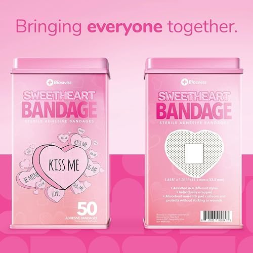 BioSwiss Bandages, Valentine Heart Shaped Self Adhesive Bandage Set, Latex Free, Sterile Wound Care, 50 Count