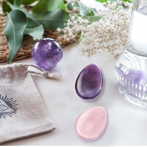 2 Packs Thumb Worry Stone for Anxiety,Natural Rose Quartz Amethyst Healing Crystals Set,Chakra Reiki Gemstone Pocket Palm Stones for Anxiety Stress Relief Meditation Crystal Therapy,Teardrop Shape