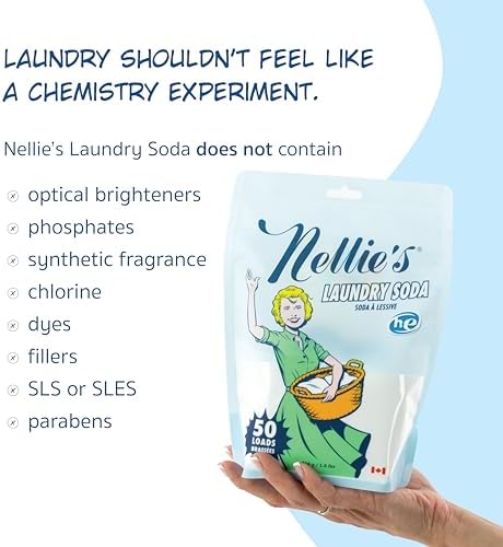 Nellie's Laundry Soda - Concentrated Laundry Detergent Powder - 50 Load Pouch - Gentle on Skin and Environment - Fragrance-Free - Made in Canada