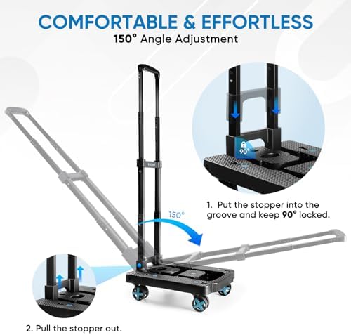 TICONN Folding Portable Dolly Cart, Black, 4-Wheel, 110 lbs Capacity, Adjustable Handle, Silent Wheels
